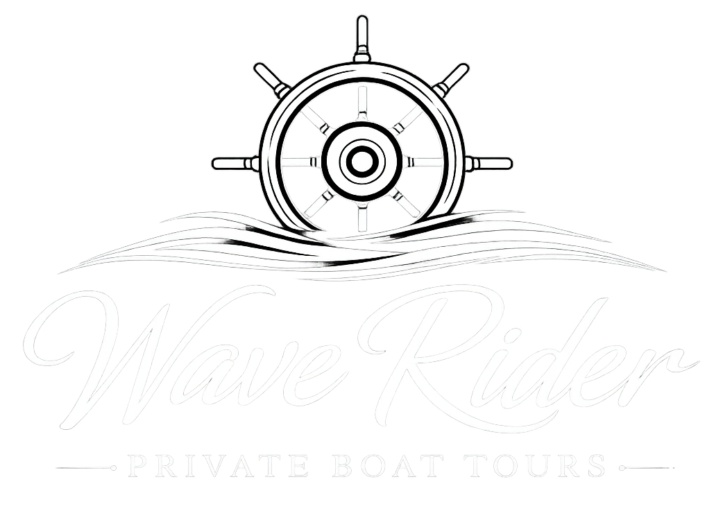 A ship's wheel above waves with text 'Wave Rider Private Boat Tours'.