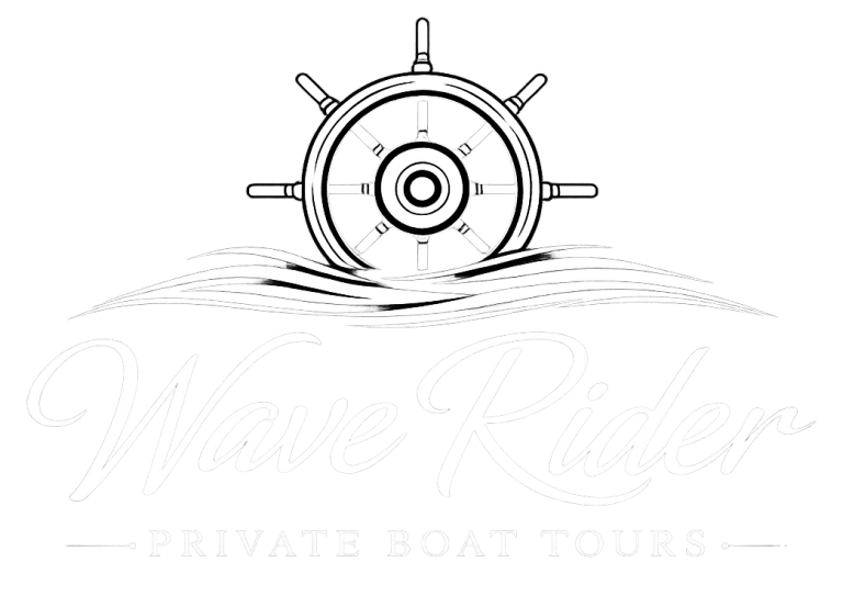 A ship's wheel above waves with text 'Wave Rider Private Boat Tours'.